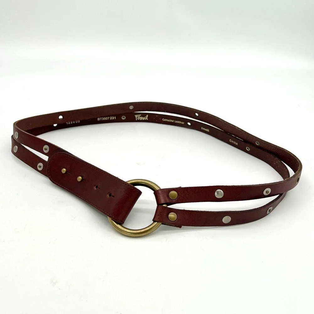 Fossil Womens Sz S Brown Leather Belt Studded Ring Loop Closure Double Strap New